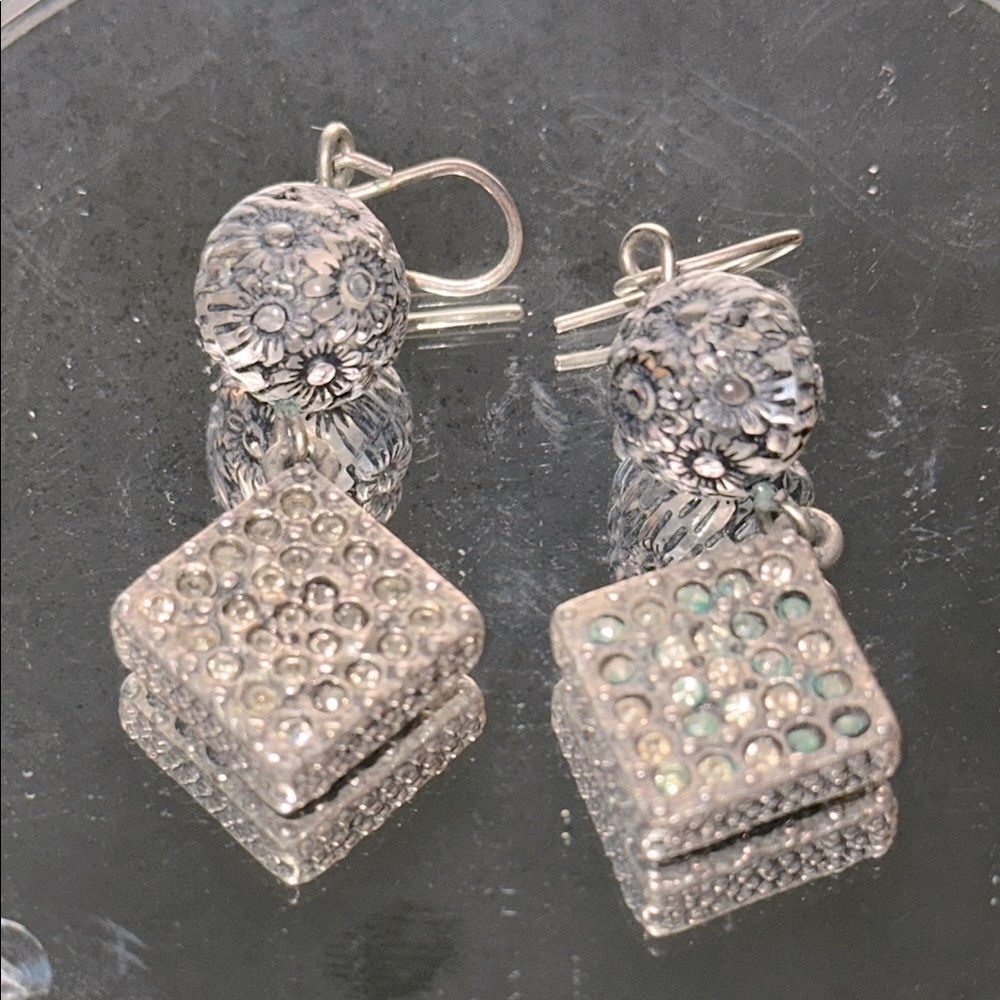 Dark Silver Tone and Gray Floral Glass Ball Drop Wire Earrings